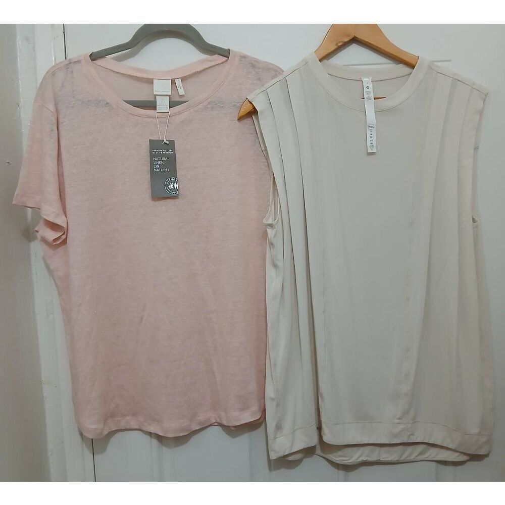 Lululemon women size 6 cream top H&M  natural linen shirt pink large lot of two